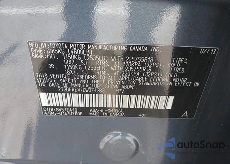 2013 Toyota Rav4 Limited z USA, uszkodzony, nr VIN 2T3DFREV7DW074283